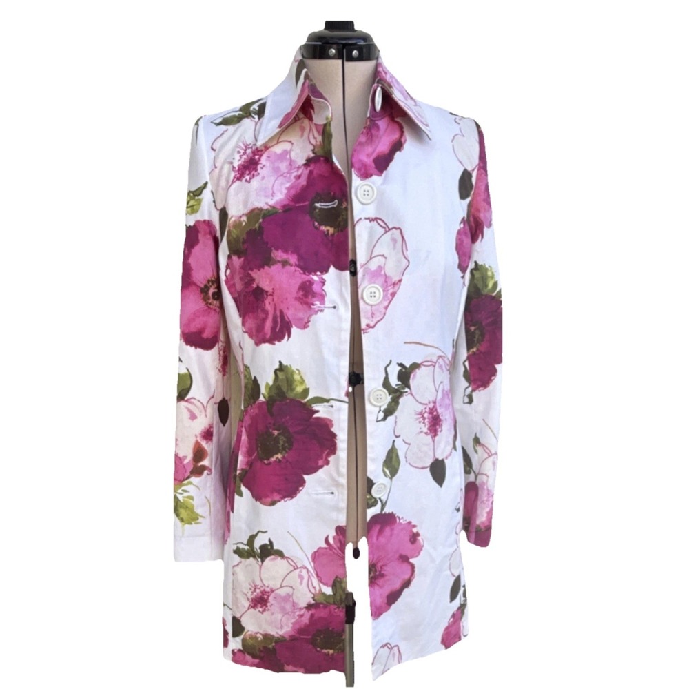 Karen Kane Floral Blazer Jacket Large Pink White Lightweight Spring Layer